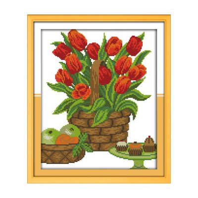 Fruit snacks on the table Still Life Cross Stitch Embroidery Kit with Embroidery Hoop, Tabletop Hand Stitch Project