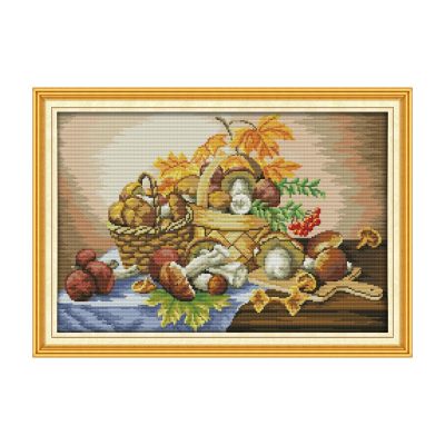A basket of mushrooms Still Life Cross Stitch Embroidery Kit, Clear Step-by-Step Tutorial, Adult Handwork