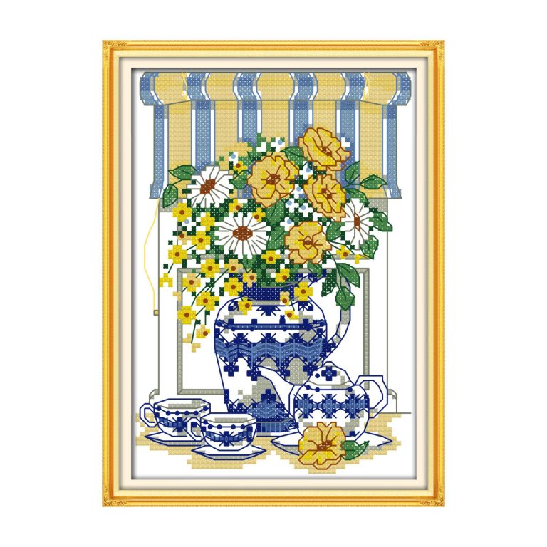 Afternoon tea time Stamped Still Life Cross Stitch Kit, Pre-Print Fabric, Easy Craft for New Adult Stitchers