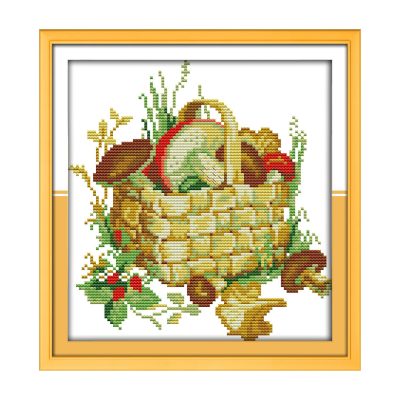 The mushroom basket Full Set Still Life Cross Stitch Embroidery Kit, Step-by-Step Guide Included, Home Decor
