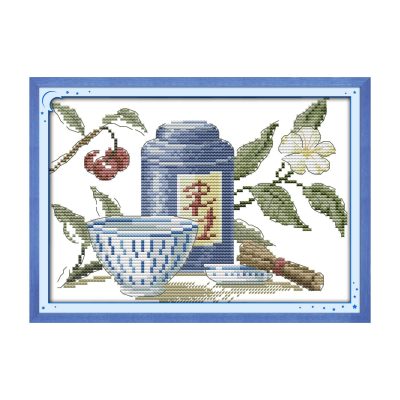 The tea artistic conception Still Life Cross Stitch Embroidery Kit, Creative Handmade Project, Tabletop Art Decor