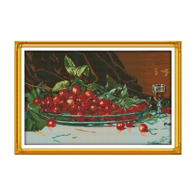 Oil painting cherries Still Life Cross Stitch Embroidery Kit, Complete Needle & Thread Set, New Stitchers