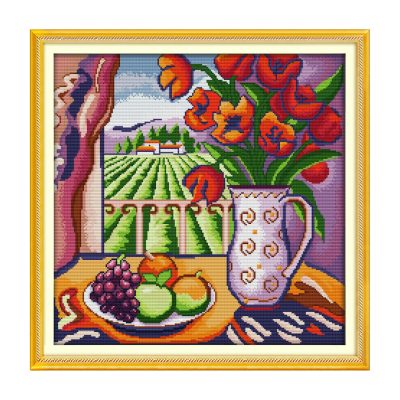 The window view Beginner Friendly Still Life Cross Stitch Embroidery Kit, Simple Hand Stitch Wall Decor