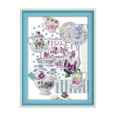 Cup tale Still Life Cross Stitch Embroidery Kit with Hoop Option, Handmade Table Scene Wall Art