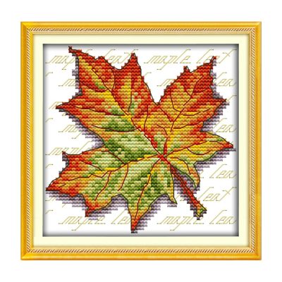 Maple leaf Hand Stitched Still Life Cross Stitch Embroidery Kit, Tabletop Scene, Adult Wall Decor