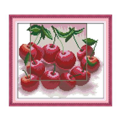 Red Cherry Still Life Cross Stitch Embroidery Kit, Perfect Handmade Gift for Adult Crafters