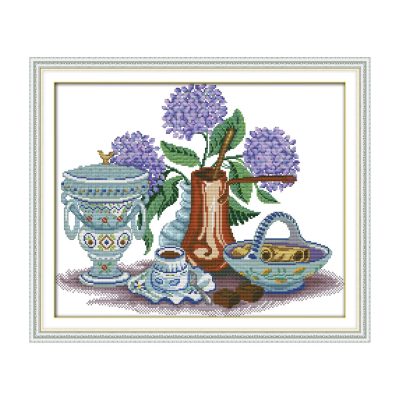 Hydrangeas vases and plates Still Life Cross Stitch Embroidery Kit, Leisure Hand Stitch Craft, Interior Wall Decor