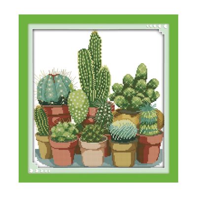 Cactus Beginner Still Life Cross Stitch Embroidery Kit with Instructions, Stress Relief Hand Craft