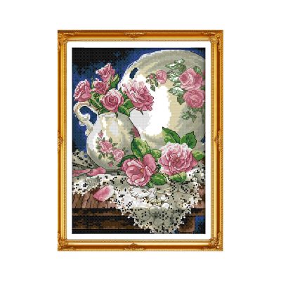 Vase and rose Simple Cross Stitch Embroidery Kit for Adult Starters, Home Wall Decor