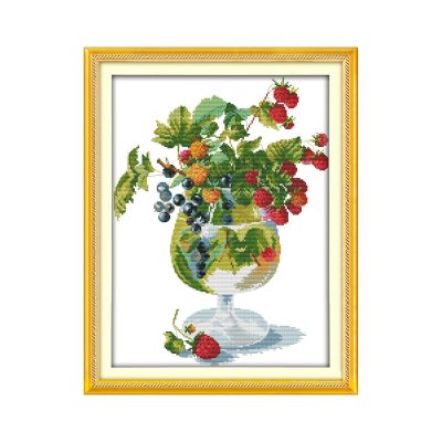 Strawberry and wine glass Cross Stitch Beginner Kit for Adults, Easy Handmade Home Wall Art