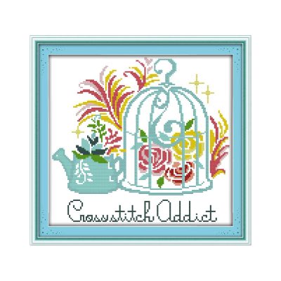 The bird cage and the teapot Still Life Cross Stitch Embroidery Kit, Handcrafted Table Scene Art, Great Gift Idea