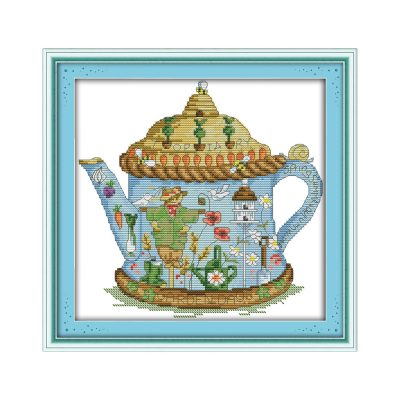 The scarecrow teapot Still Life Cross Stitch Embroidery Kit, DIY Table Art Making Supplies for Adult Crafters