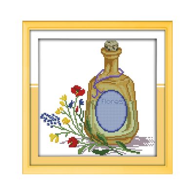 The wine bottle and flowers Still Life Cross Stitch Embroidery Kit for Adult Beginners, Timeless Table Object Still Life, Complete DIY Needlework Set, Home Wall Art Decor