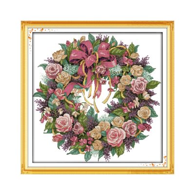 A wreath of roses Hand Stitch Cross Stitch Embroidery Kit, Simple Project for Adult Beginners Home Decor
