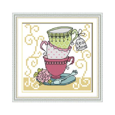 Teacup three Cross Stitch Kit for Adult Beginners, Complete Embroidery Supplies Home Wall Art