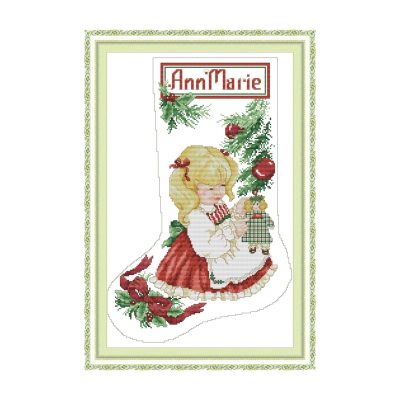 Christmas Stocking Girl with a Doll High Quality Still Life Cross Stitch Embroidery Kit, Premium Materials, Wall Art Decor
