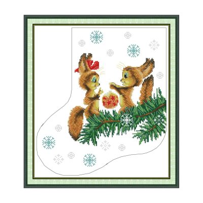 Christmas Stocking—The Squirrel Delivering Gifts Complete Still Life Cross Stitch Embroidery Supplies Set, Thread, Needle & Instruction
