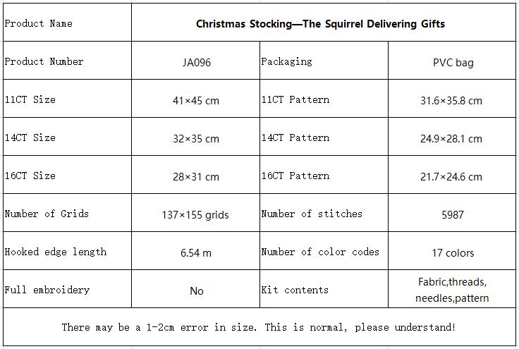 Christmas Stocking—The Squirrel Delivering Gifts Complete Still Life Cross Stitch Embroidery Supplies Set, Thread, Needle & Instruction 11 JA096 参数图