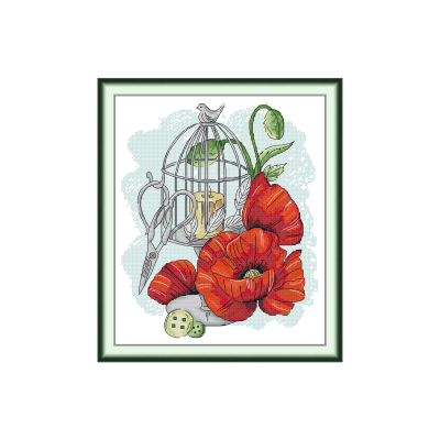 模板cross stitch vintage style red poppy birdcage scissors candle still life pattern pre printed cotton aida fabric embroidery kit