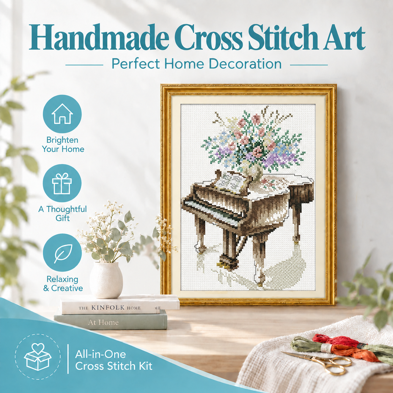 Grand piano Cross Stitch Beginner Kit for Adults, Easy Handmade Home Wall Art 8 1 1