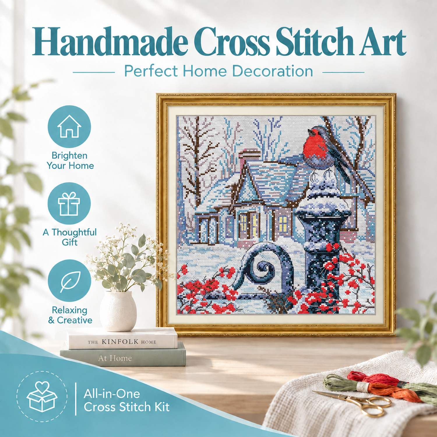 Bird Cross Stitch Kit – Winter Cottage Landscape Scene 8 1 11