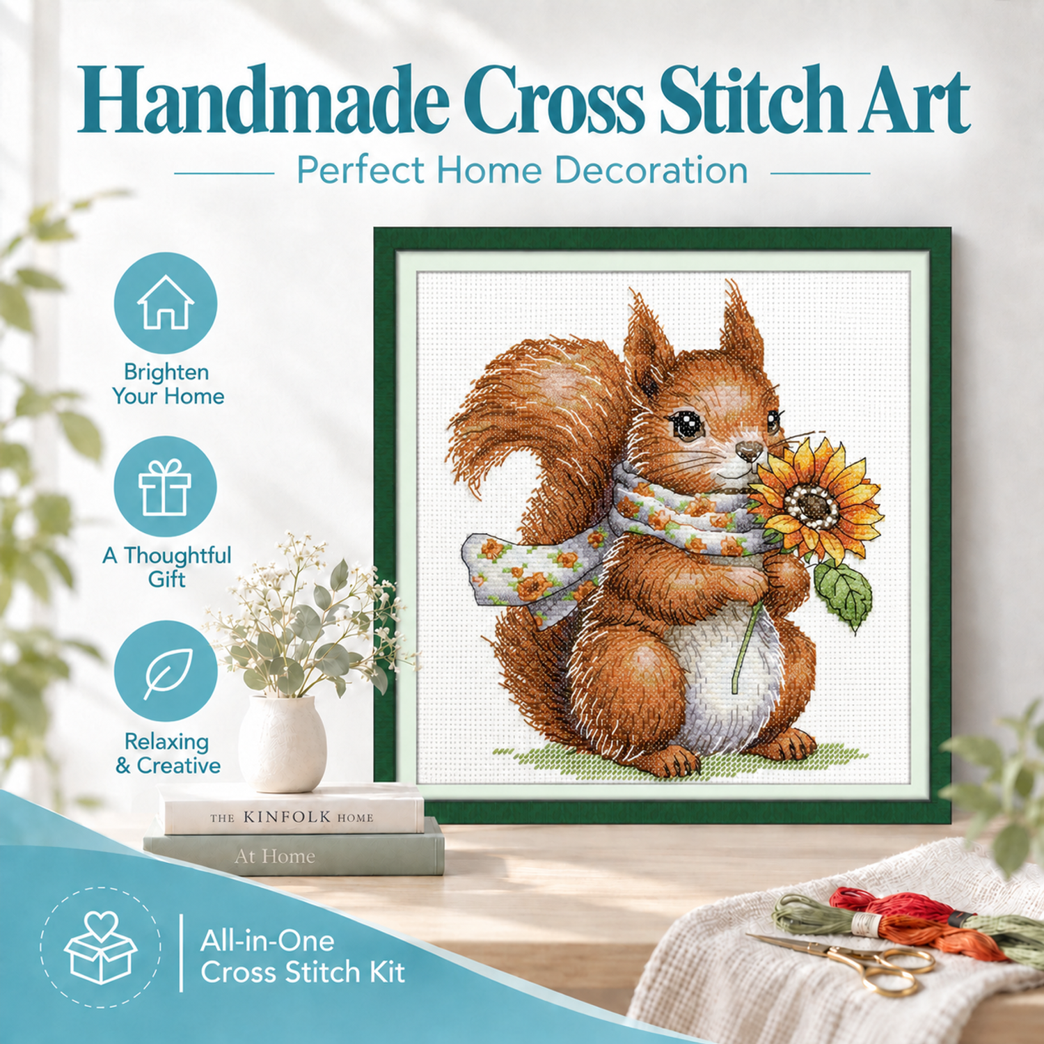 Squirrel Cross Stitch Kit – Holding a Sunflower 8 1 16