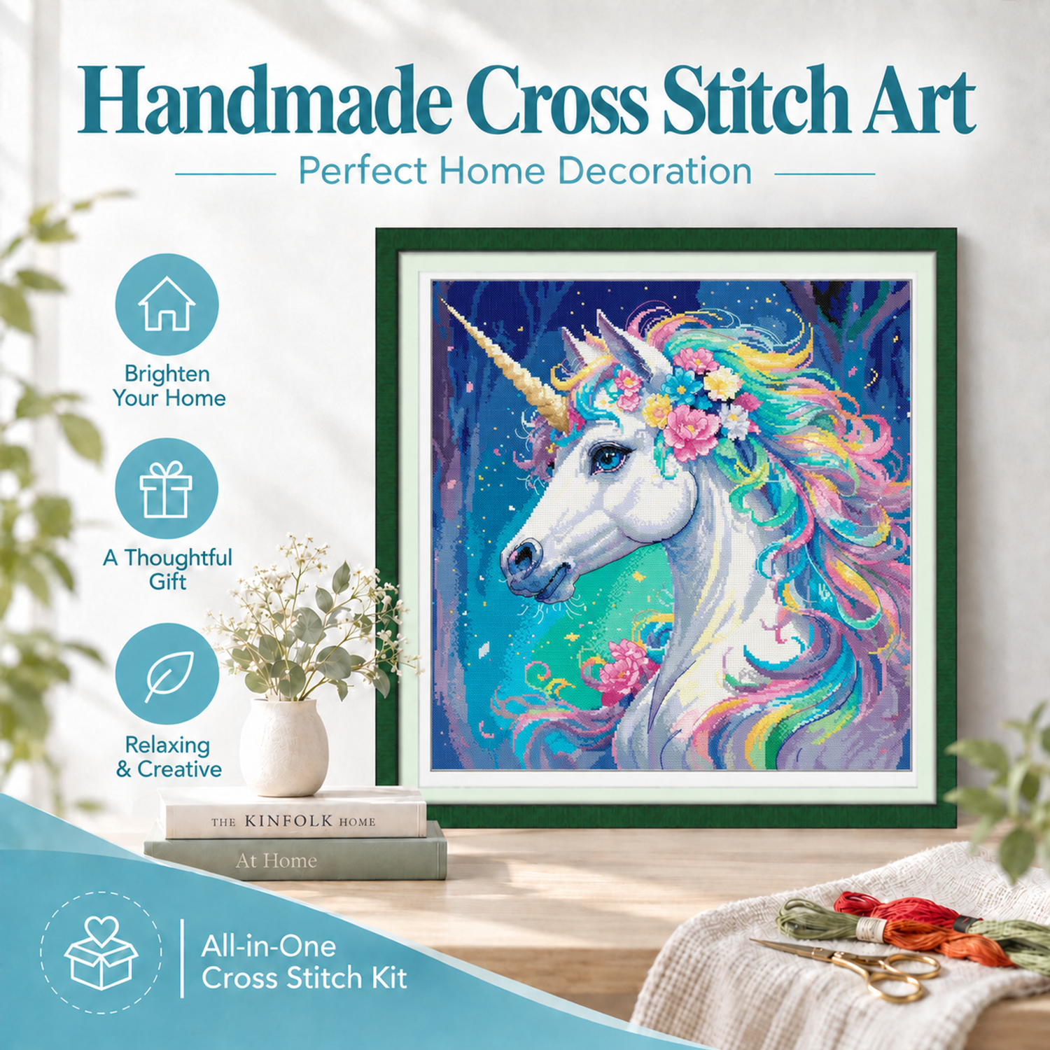 Unicorn Cross Stitch Kit – Rainbow Mane with Flowers 8 1 18