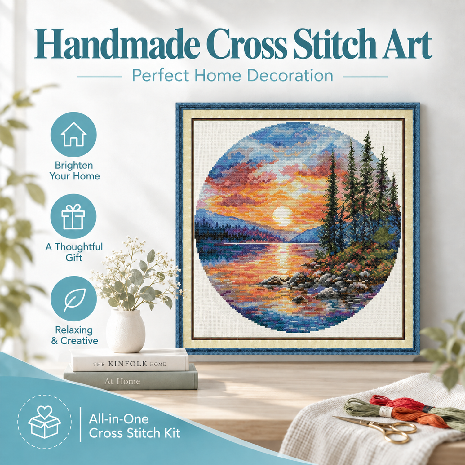 Landscape Cross Stitch Kit – Autumn Sunset Lake Scene 8 1 24