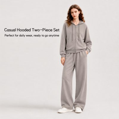 women's sets Casual Hooded Two Piece Outfit Zip Front Hoodie Wide Leg Pants Set For All Day Daily Wear