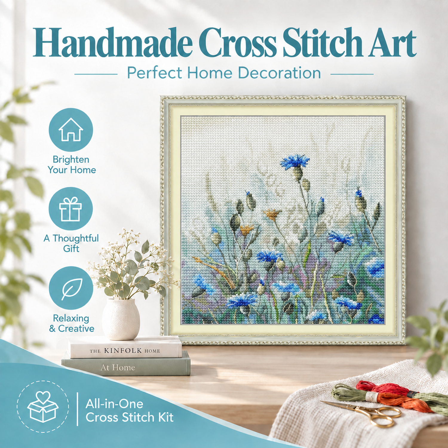 Blue flower cross stitch design of cornflowers in a watercolor-style wildflower meadow