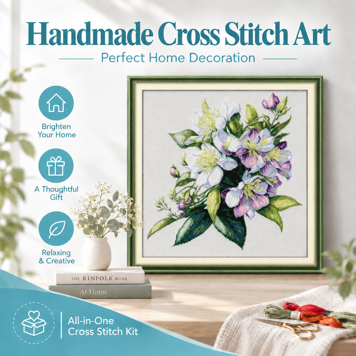Floral cross stitch design of white and purple flowers with green leaves on a light background