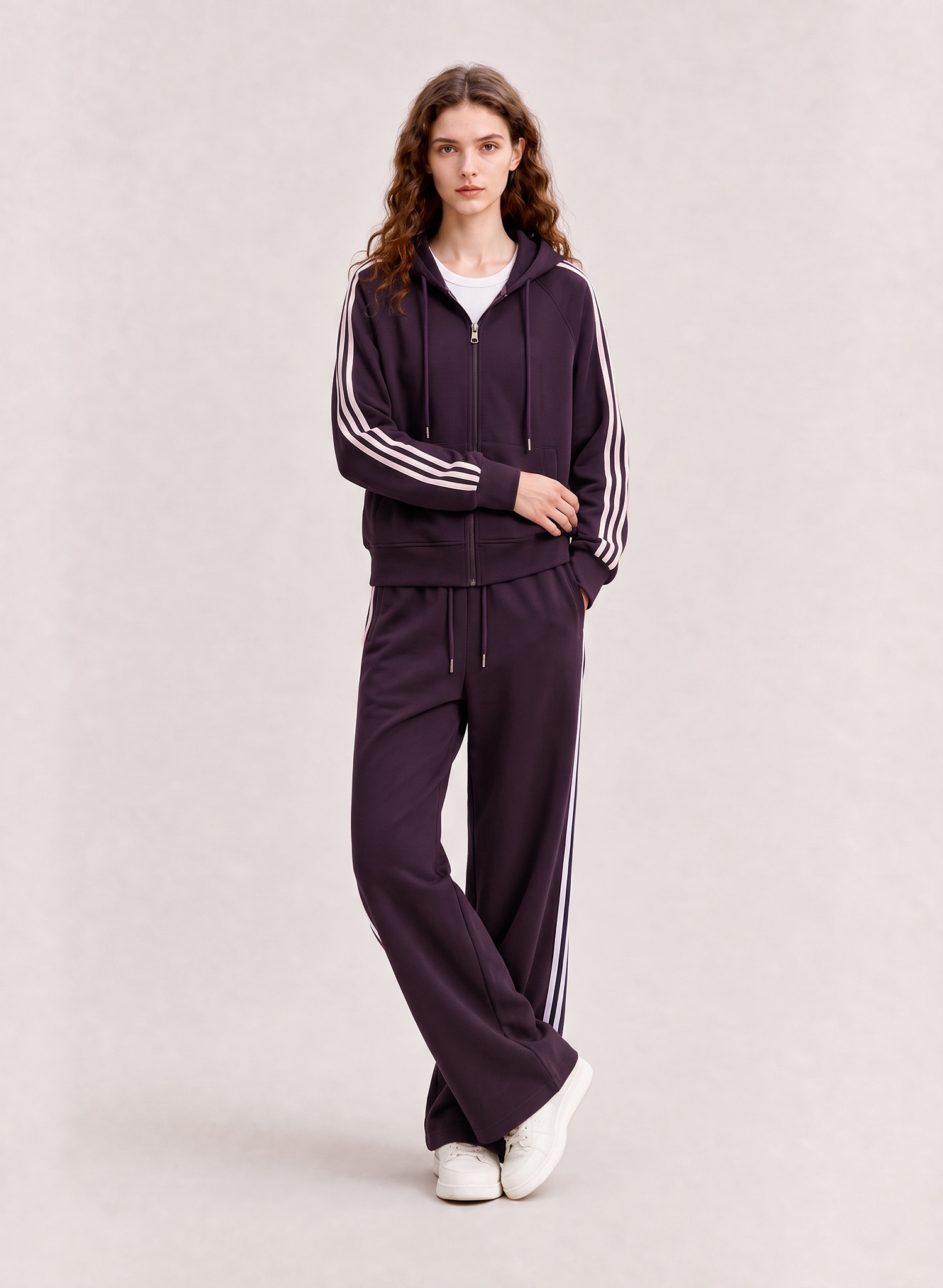 Women's Sets Striped 2 Piece Tracksuit Zip Up Hoodie Wide Leg Pants Casual Slim Fit Sportswear 16 10深紫色正面