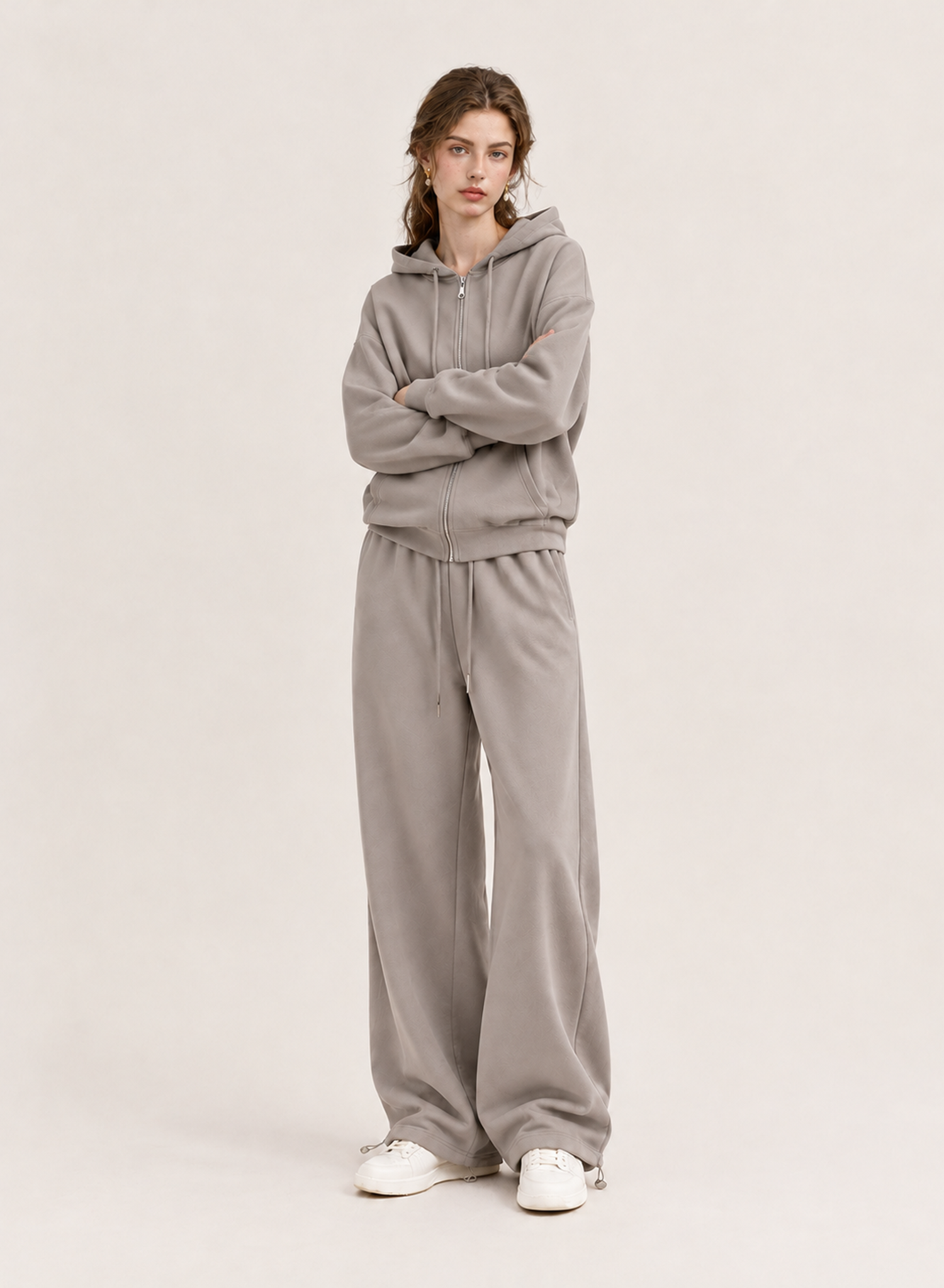 women's sets 370G Heavyweight Embroidered 2 Piece Tracksuit Zip Up Hoodie Wide Leg Sweatpants Thick Warm Slim Fit sport wear 22 16浅咖啡色正面