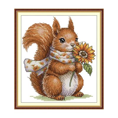 Squirrel Cross Stitch Kit – Holding a Sunflower