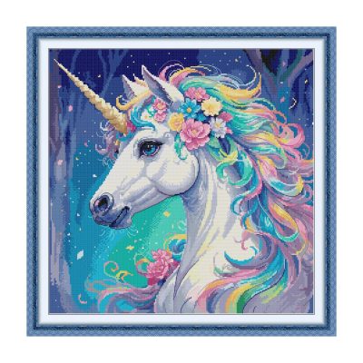 Unicorn Cross Stitch Kit – Rainbow Mane with Flowers