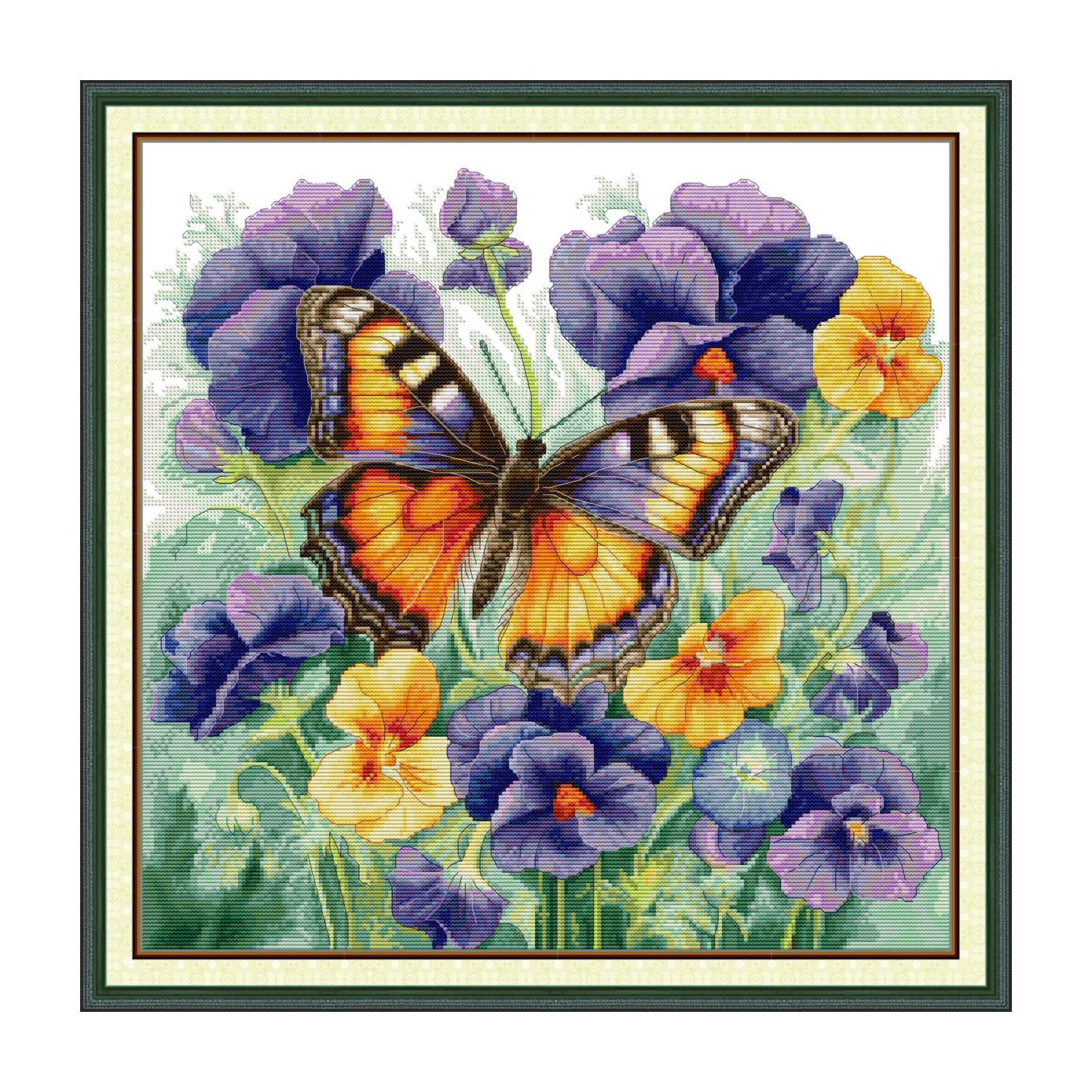 Butterfly cross stitch design of an orange and black butterfly among purple and yellow pansies