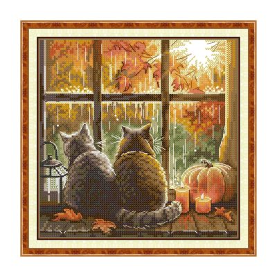 Cat Cross Stitch Kit – Autumn Window Scene Design