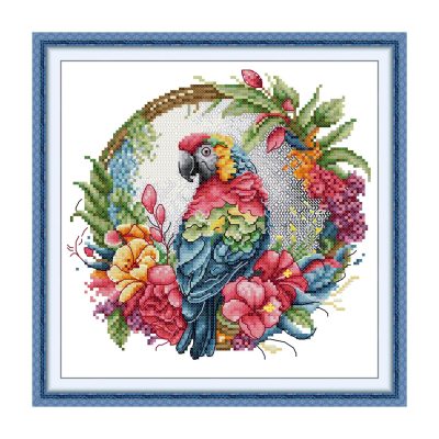 Bird Cross Stitch Kit – Parrot in a Floral Wreath Design