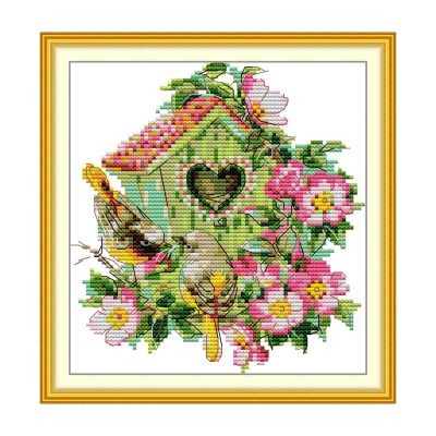Bird Cross Stitch Kit – Floral Birdhouse Design
