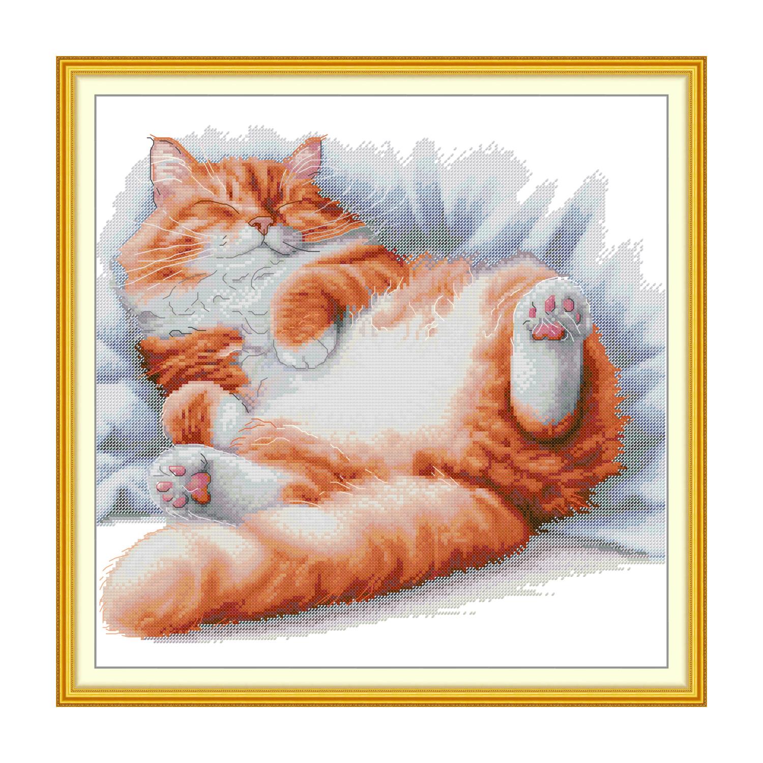 Cat cross stitch design of an orange and white cat sleeping on its back with paws stretched out