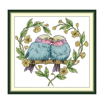Bird Cross Stitch Kit – Lovebirds in a Heart Wreath