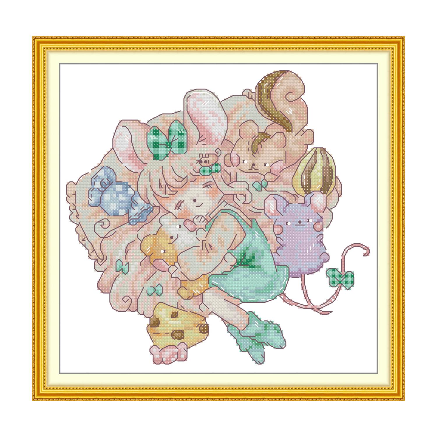 Cute cross stitch design of a pink mouse character with a bow holding a baby mouse, surrounded by cookies and cheese