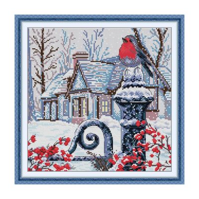 Bird Cross Stitch Kit – Winter Cottage Landscape Scene