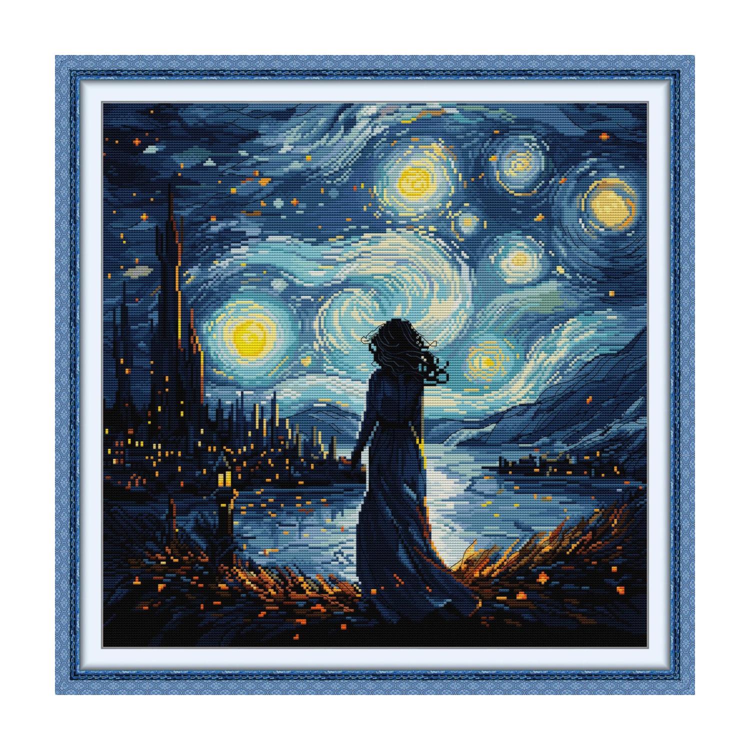Landscape cross stitch design of a woman silhouette under a starry night sky above a city skyline