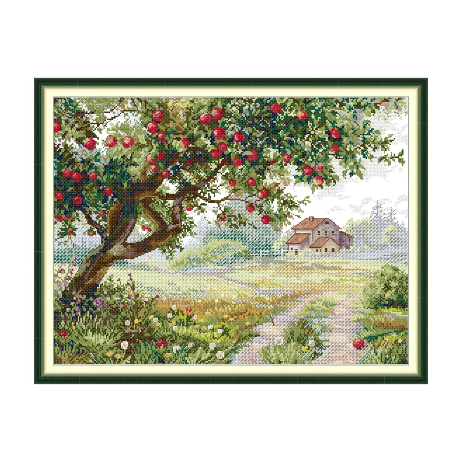 Landscape cross stitch design of an old apple tree with a country cottage and path in the background