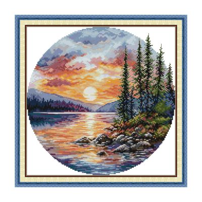 Landscape Cross Stitch Kit – Autumn Sunset Lake Scene