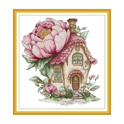 Floral Cottage Cross Stitch Kit – Peony Flower House