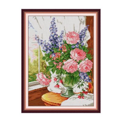 Floral Cross Stitch Kit – Rose Bouquet on a Windowsill