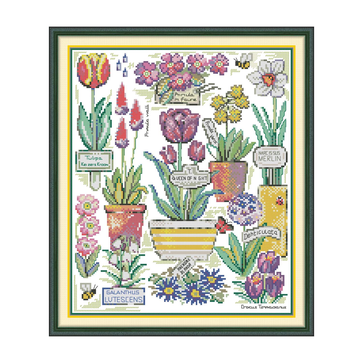 Cross stitch sampler design of labeled botanical garden flowers including tulips, narcissus, crocus, and snowdrops
