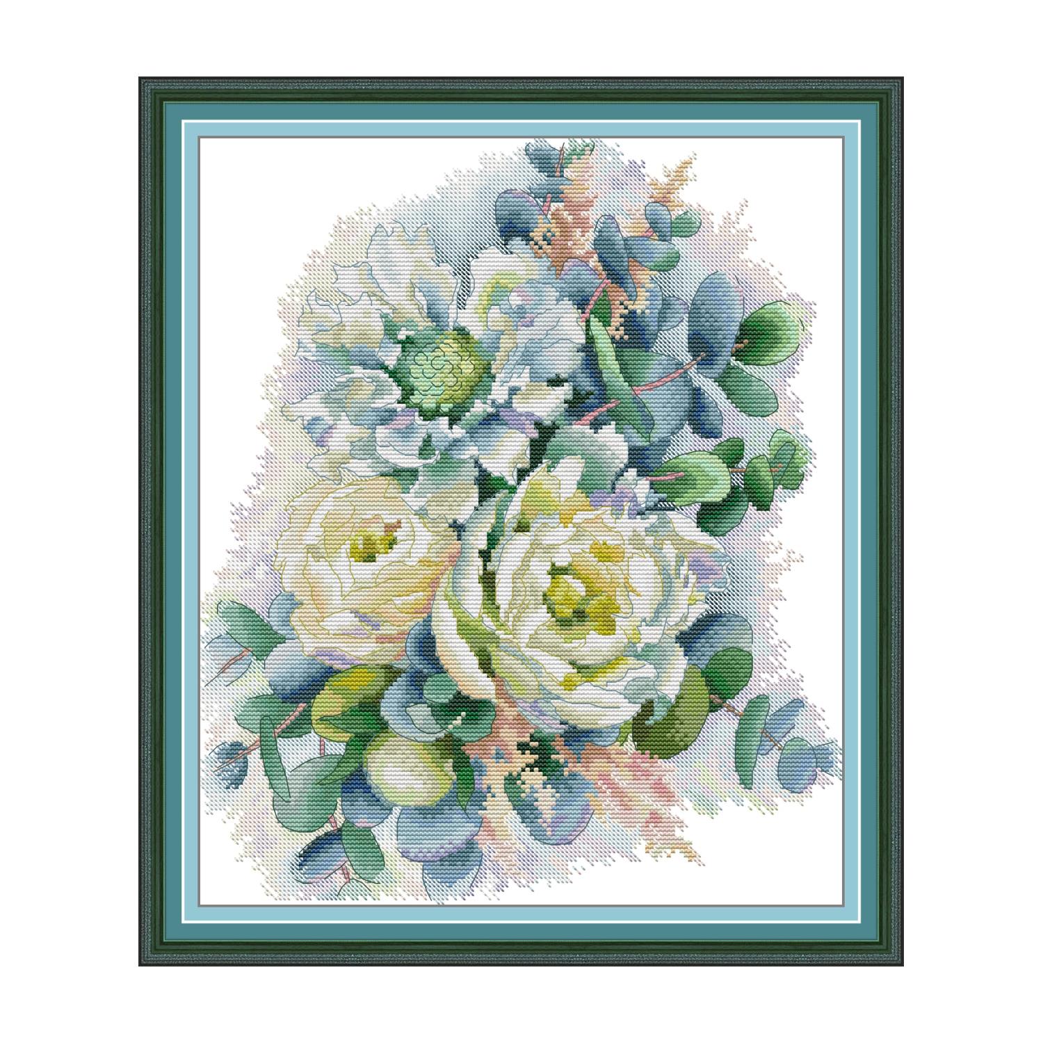 Floral cross stitch design of white peony flowers with blue-green eucalyptus leaves